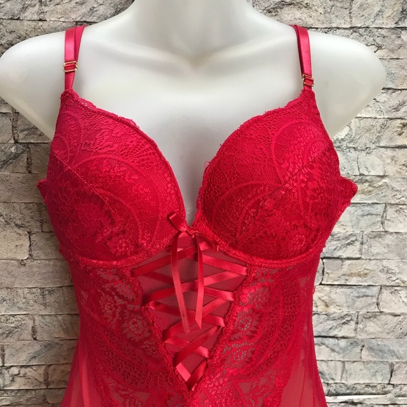 Black Fuchsia by Secret Lace Red Lace Medium Teddy - Picture 2 of 16